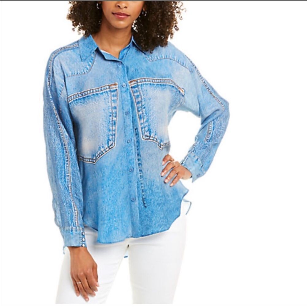 Acrobat Faux Denim Silk Button Down - Medium
